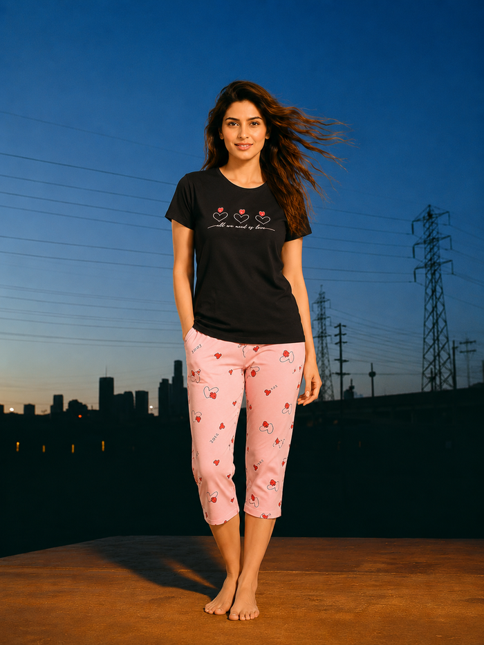 Black Pink Printed Capri Set