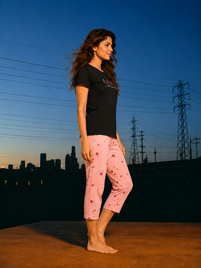 Black Pink Printed Capri Set