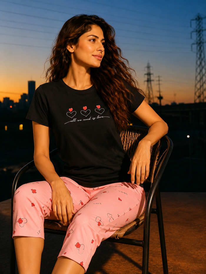 Black Pink Printed Capri Set