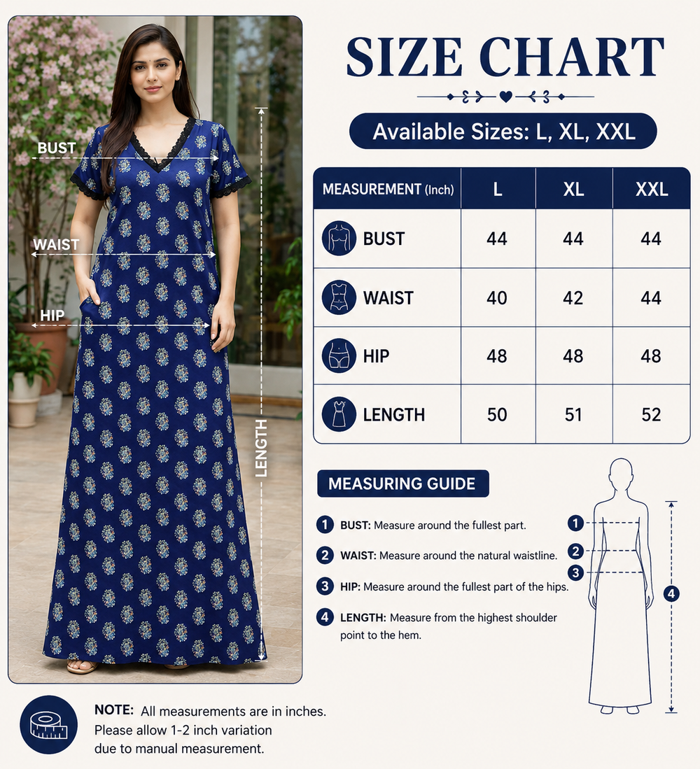 Navy Floral Maxi Nighty with Pockets