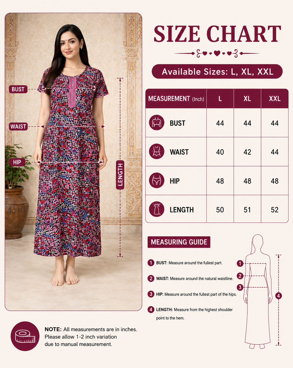 Pink Blue Printed Maxi Nighty