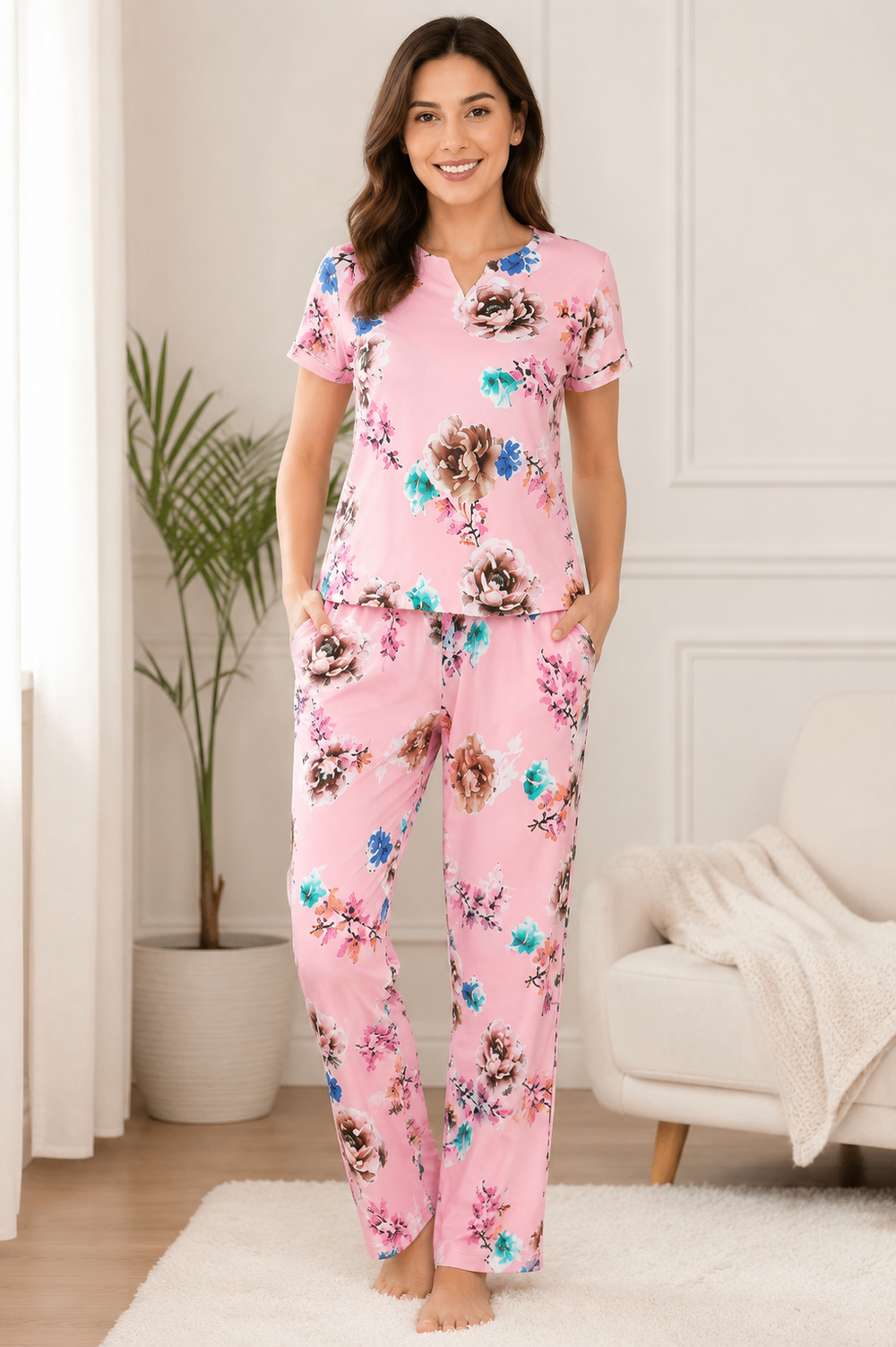 Pink V-Neck Lounge Set