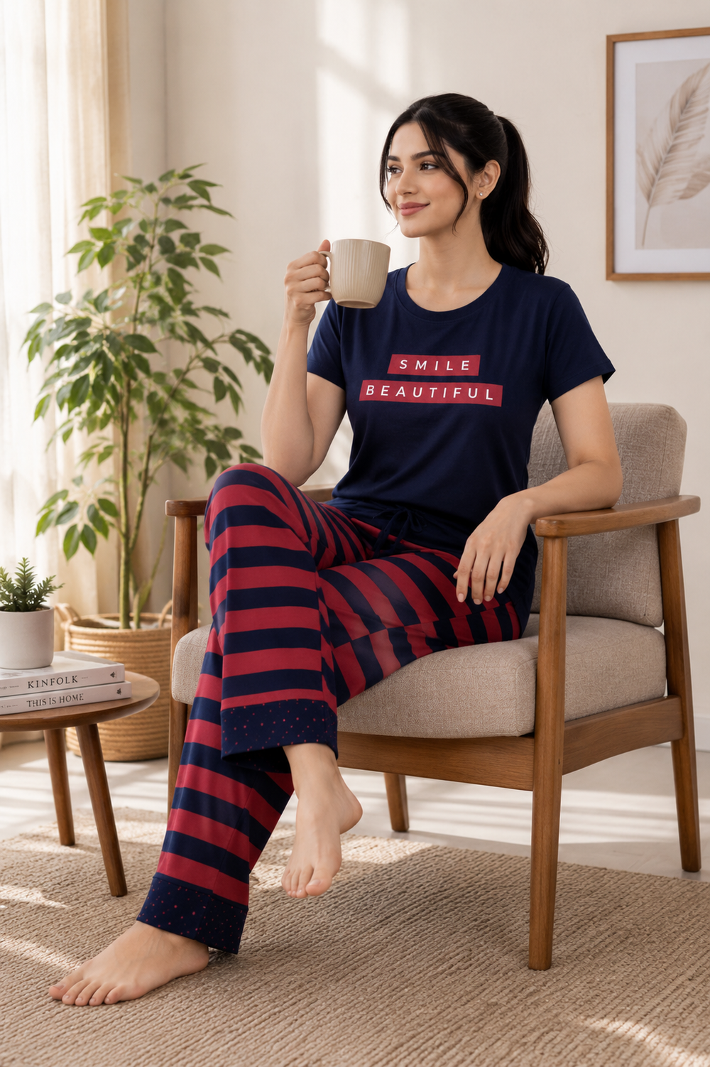 Blue Graphic Striped Pajama Set