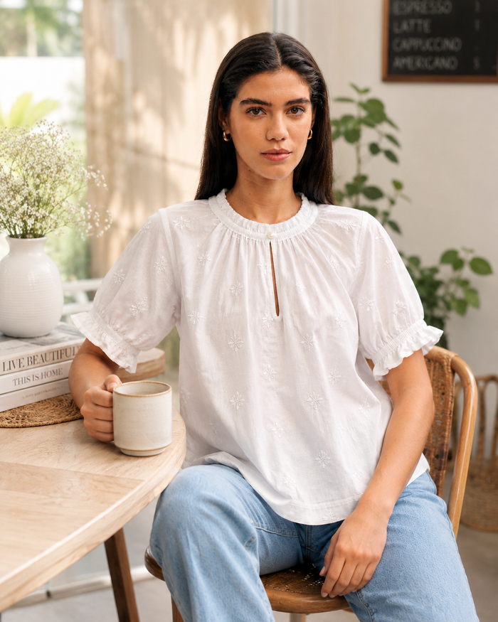 White Embroidered Puff Sleeve Top
