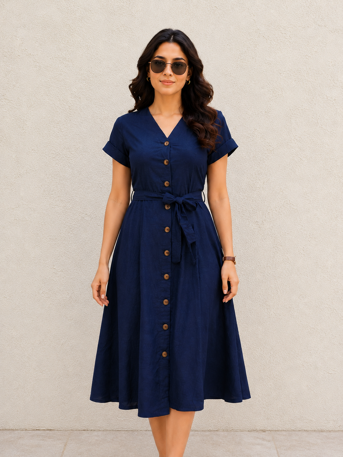 Navy Button Down Midi Dress