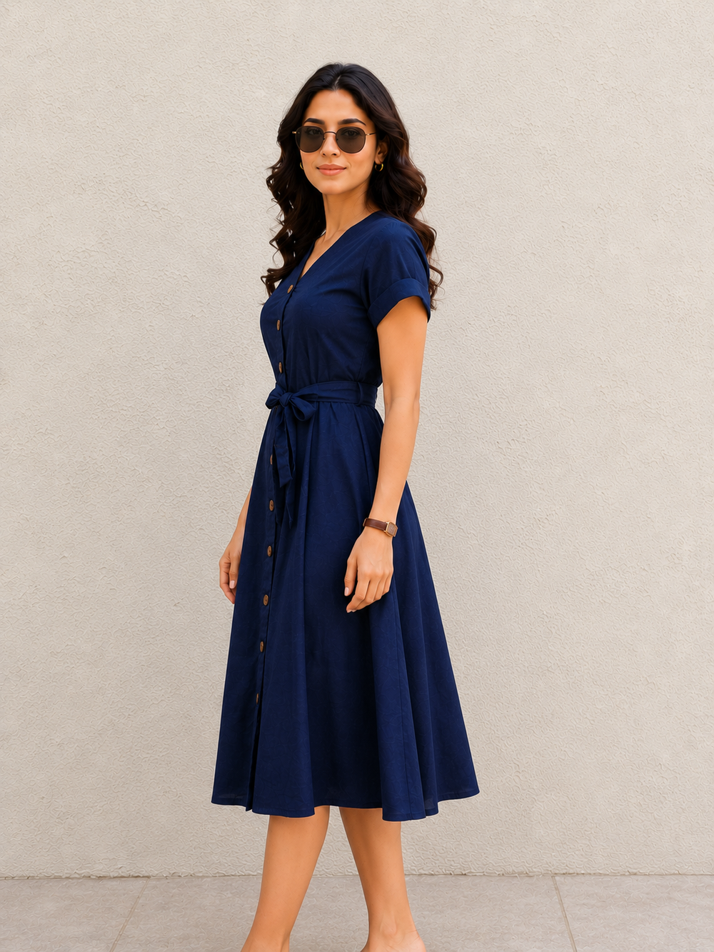 Navy Button Down Midi Dress