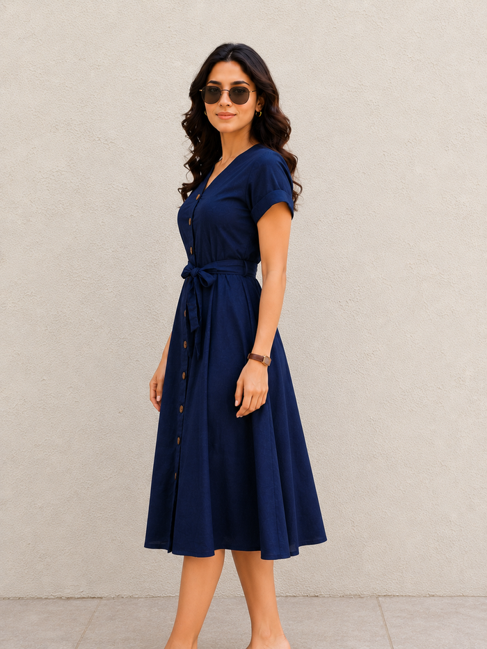 Navy Button Down Midi Dress