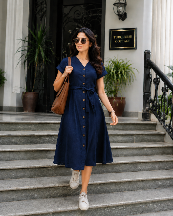 Navy Button Down Midi Dress