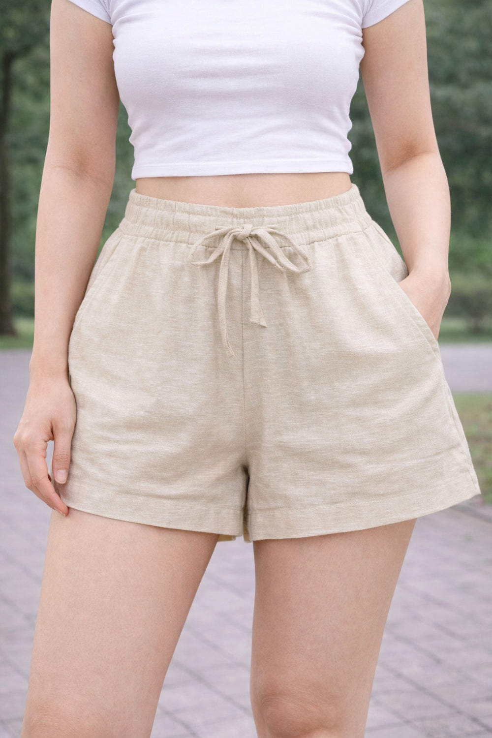 Beige Cotton Drawstring Shorts