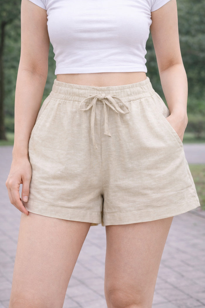 Beige Cotton Drawstring Shorts