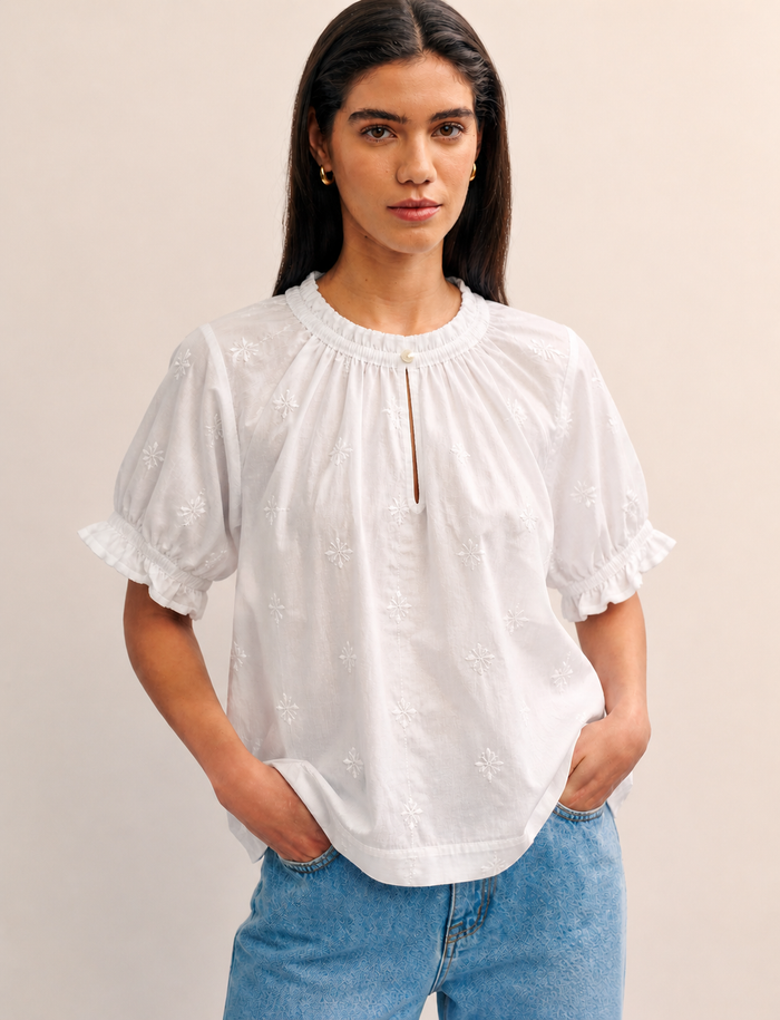 White Embroidered Puff Sleeve Top