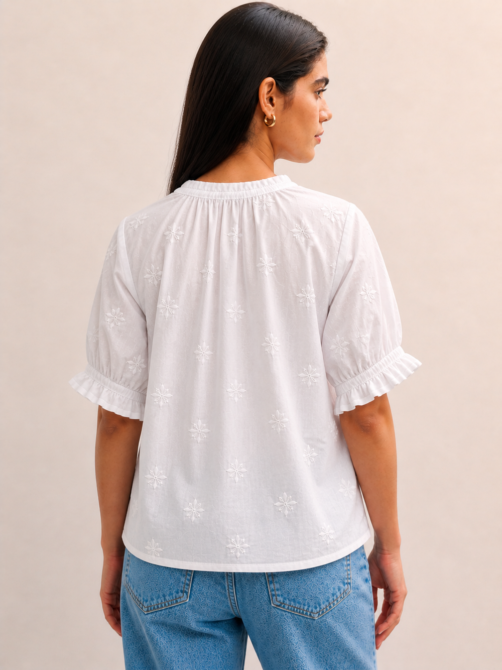 White Embroidered Puff Sleeve Top