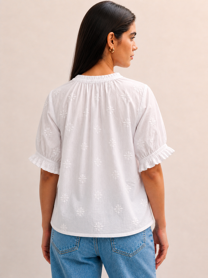 White Embroidered Puff Sleeve Top