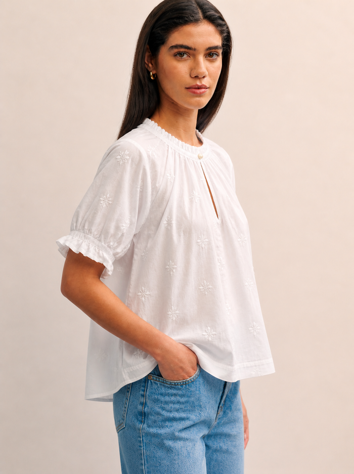 White Embroidered Puff Sleeve Top