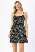 Women Black Floral Print Sleeveless A-Line Mini Dress with Spaghetti Straps
