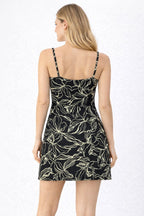 Women Black Floral Print Sleeveless A-Line Mini Dress with Spaghetti Straps