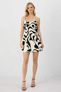 Women Black & White Abstract Print Sleeveless A-Line Mini Dress with Spaghetti Straps