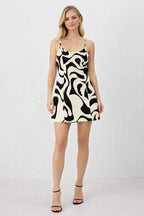 Women Black & White Abstract Print Sleeveless A-Line Mini Dress with Spaghetti Straps