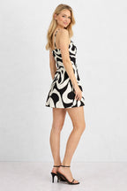 Women Black & White Abstract Print Sleeveless A-Line Mini Dress with Spaghetti Straps
