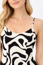 Women Black & White Abstract Print Sleeveless A-Line Mini Dress with Spaghetti Straps