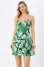 Women Green & White Tropical Leaf Print Sleeveless A-Line Mini Dress with Spaghetti Straps