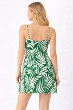 Women Green & White Tropical Leaf Print Sleeveless A-Line Mini Dress with Spaghetti Straps