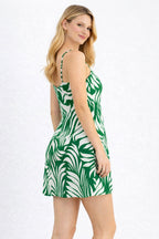 Women Green & White Tropical Leaf Print Sleeveless A-Line Mini Dress with Spaghetti Straps