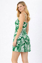 Women Green & White Tropical Leaf Print Sleeveless A-Line Mini Dress with Spaghetti Straps