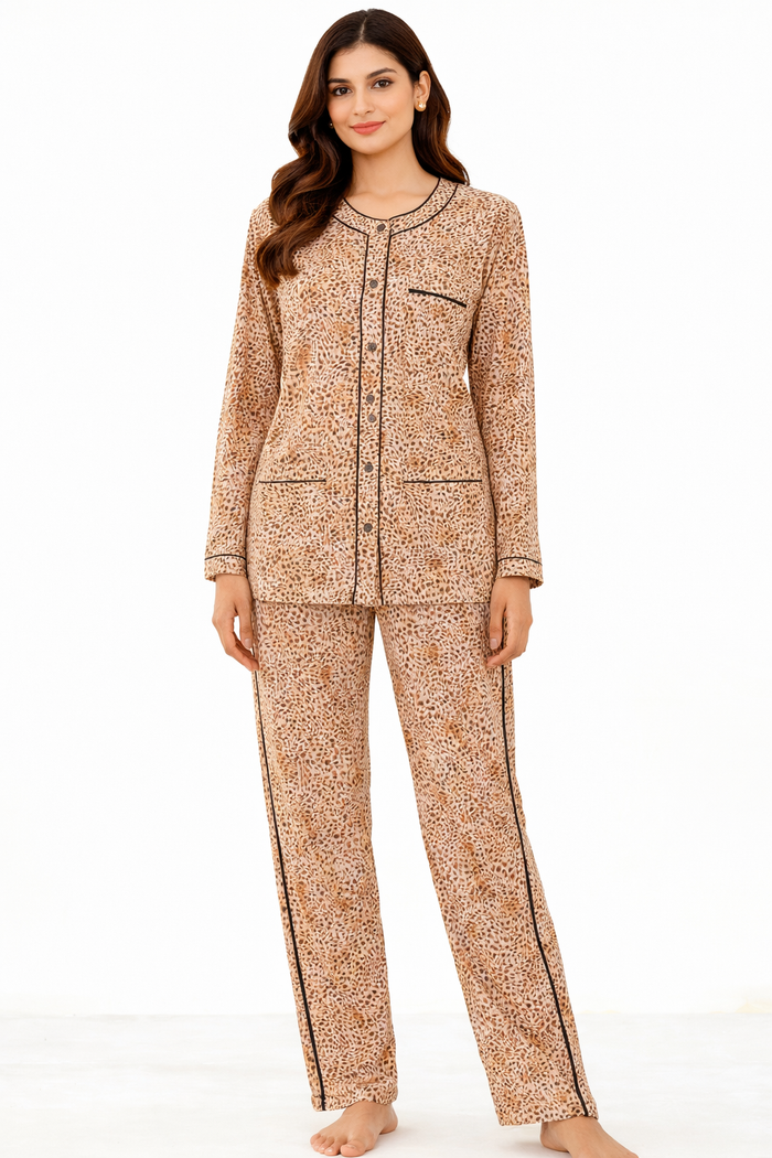 Brown Henley Collar Pajama Set