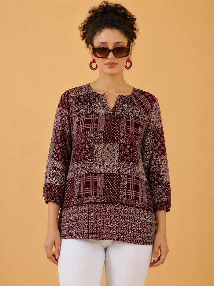 Maroon Patchwork Print Casual Top