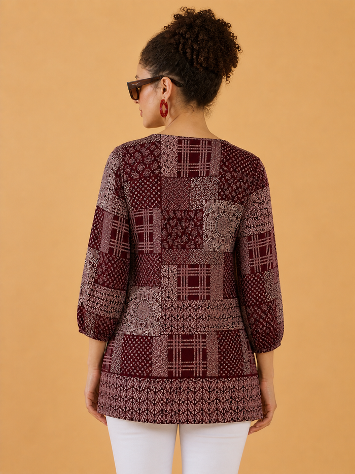Maroon Patchwork Print Casual Top