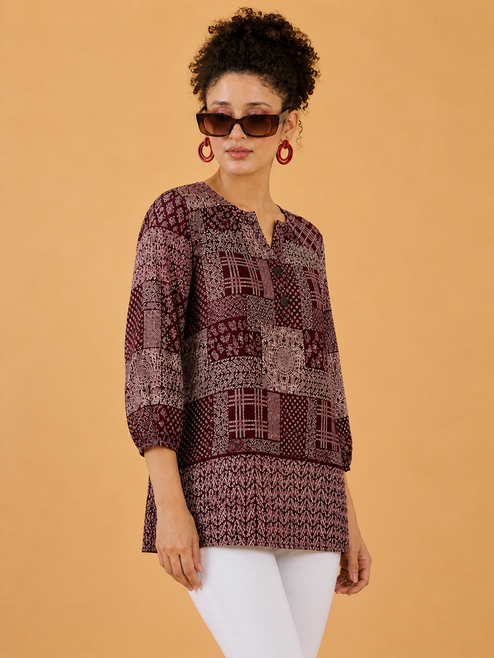 Maroon Patchwork Print Casual Top