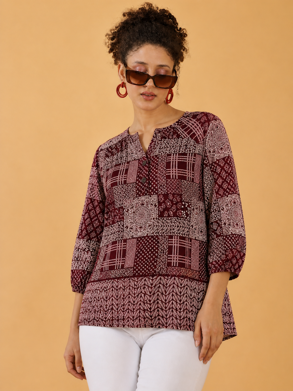 Maroon Patchwork Print Casual Top