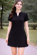 Women Solid Black Short Sleeve A-Line Mini Dress with Mandarin Collar Neck