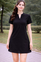 Women Solid Black Short Sleeve A-Line Mini Dress with Mandarin Collar Neck