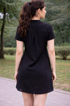 Women Solid Black Short Sleeve A-Line Mini Dress with Mandarin Collar Neck