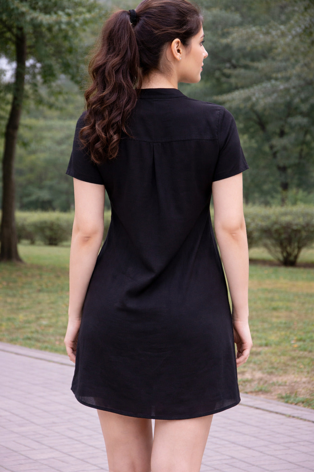Women Solid Black Short Sleeve A-Line Mini Dress with Mandarin Collar Neck