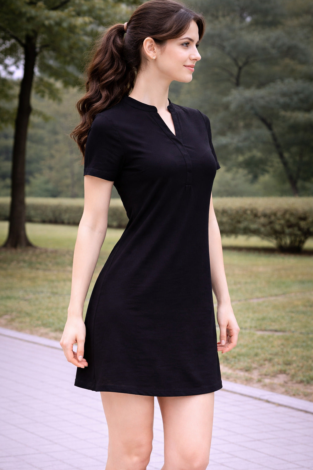 Women Solid Black Short Sleeve A-Line Mini Dress with Mandarin Collar Neck