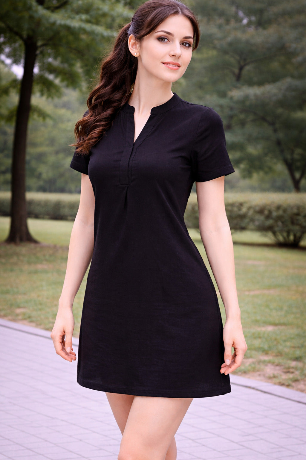 Women Solid Black Short Sleeve A-Line Mini Dress with Mandarin Collar Neck
