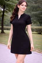 Women Solid Black Short Sleeve A-Line Mini Dress with Mandarin Collar Neck