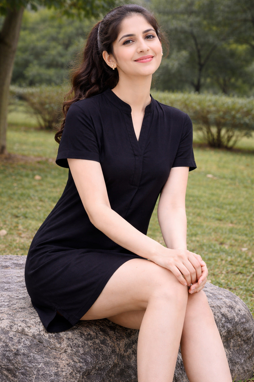 Women Solid Black Short Sleeve A-Line Mini Dress with Mandarin Collar Neck