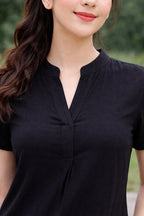 Women Solid Black Short Sleeve A-Line Mini Dress with Mandarin Collar Neck