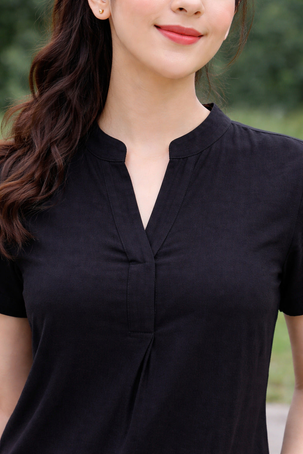 Women Solid Black Short Sleeve A-Line Mini Dress with Mandarin Collar Neck