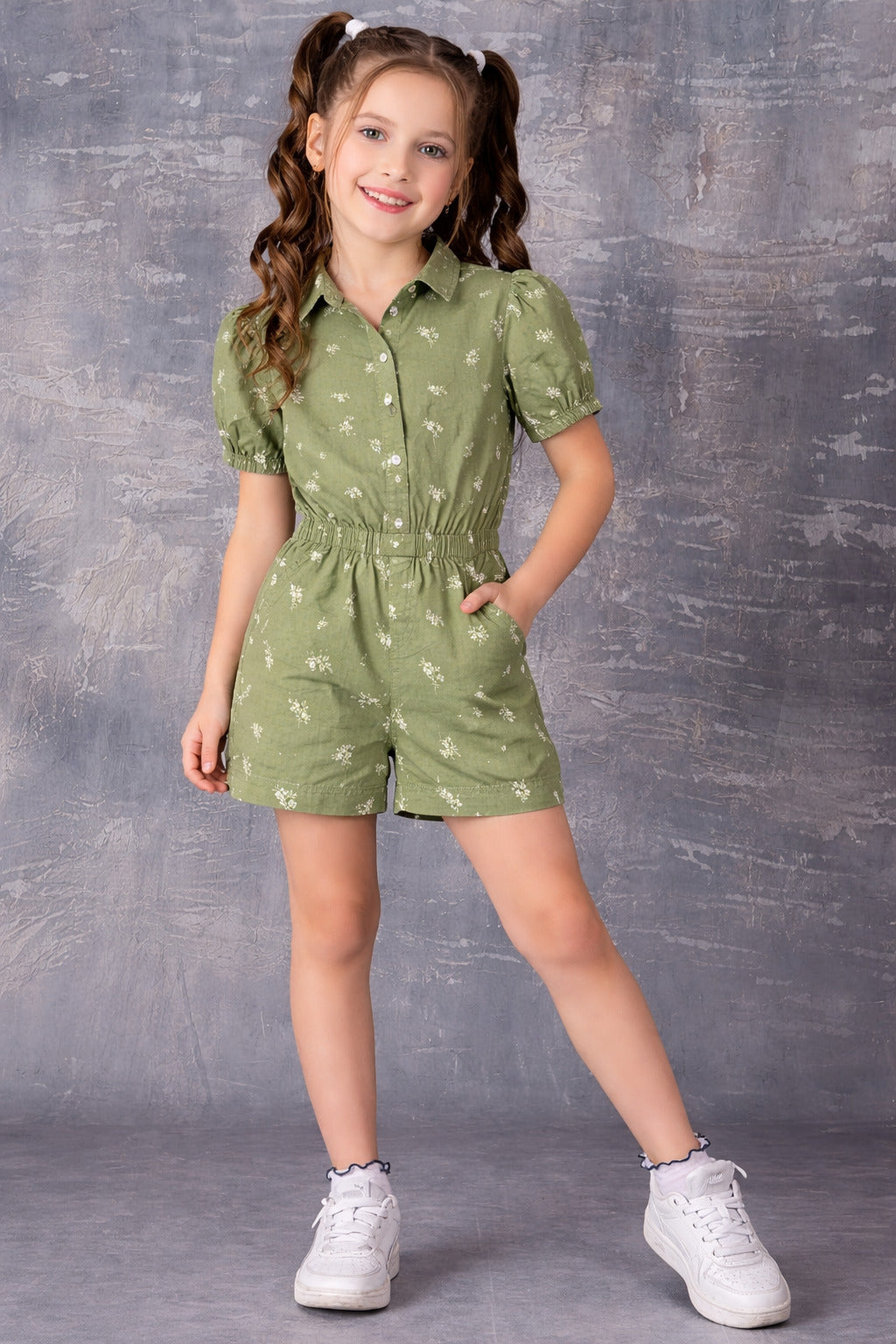 Girls Green Floral Printed Cotton Playsuit with Elastic Waist & Front Button Detail