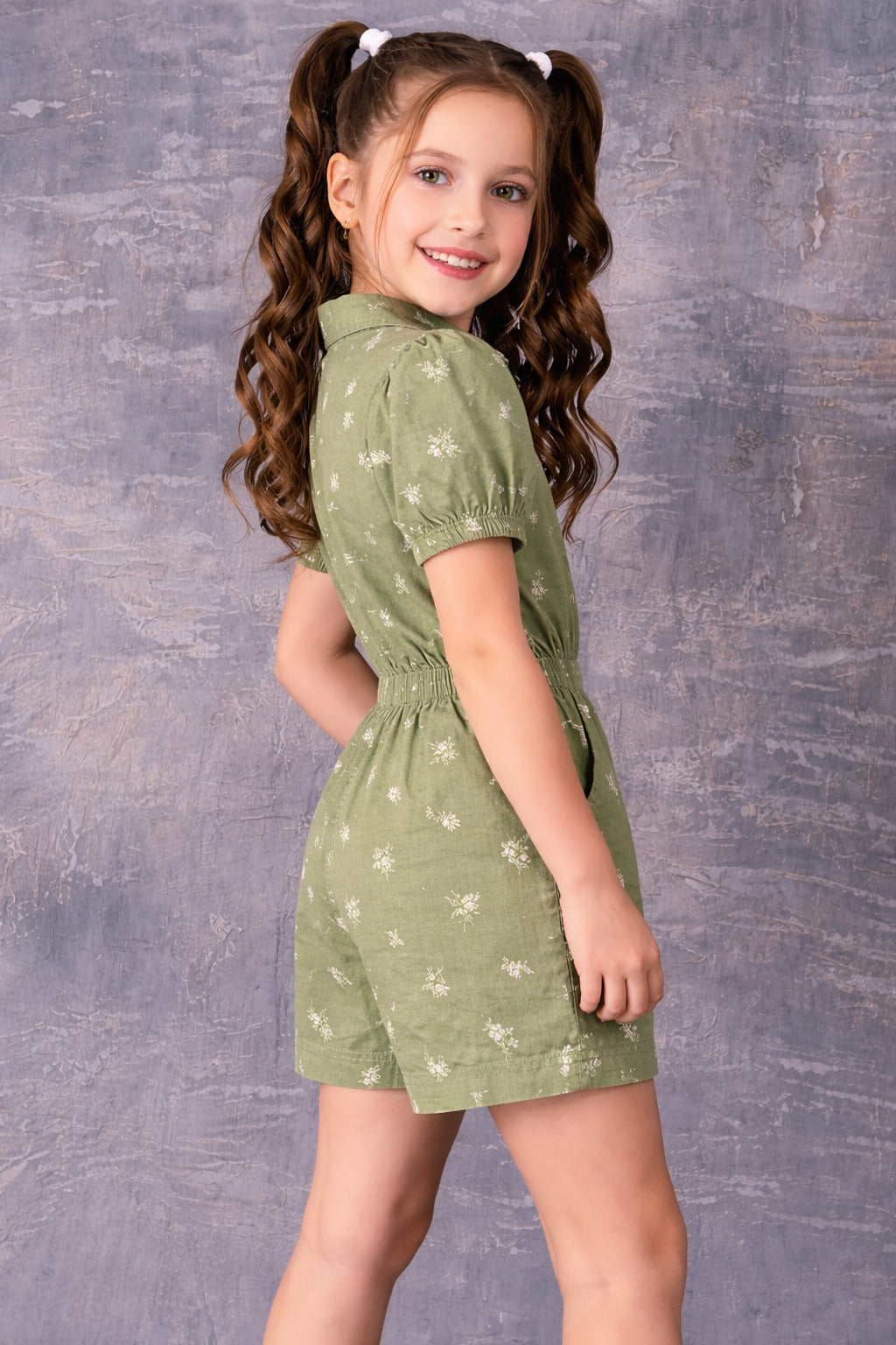 Girls Green Floral Printed Cotton Playsuit with Elastic Waist & Front Button Detail