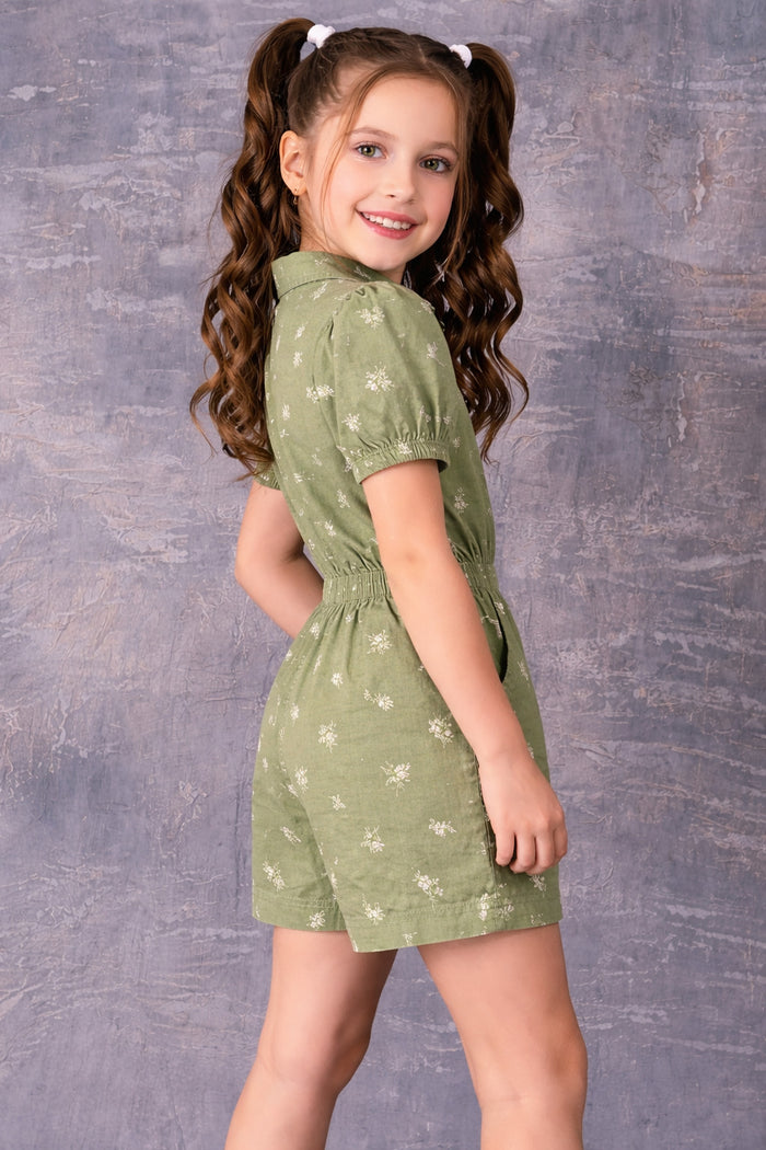 Girls Green Floral Cotton Playsuit