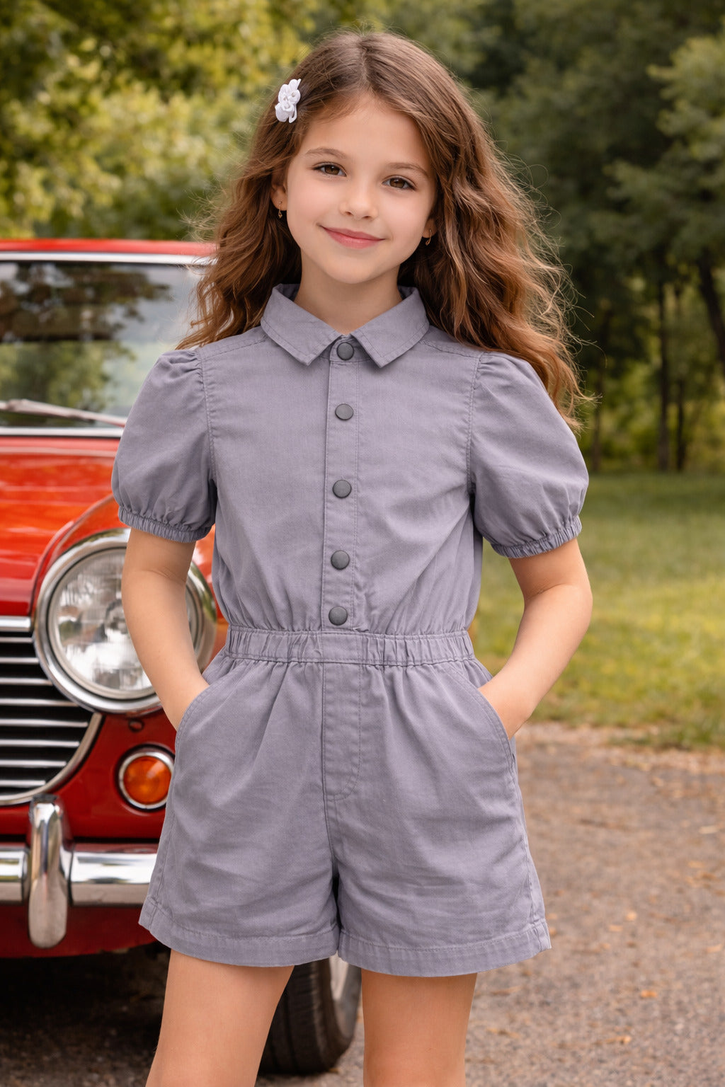 Girls Solid Grey Cotton Playsuit with Puff Sleeves & Button Front Design