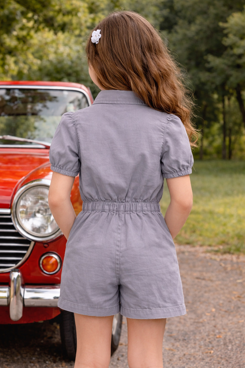 Girls Solid Grey Cotton Playsuit with Puff Sleeves & Button Front Design