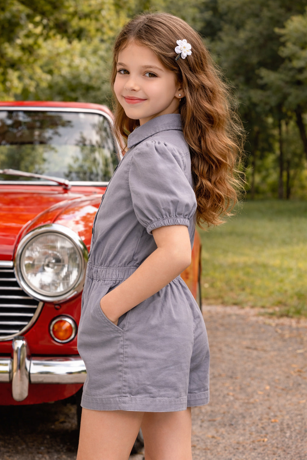 Girls Solid Grey Cotton Playsuit with Puff Sleeves & Button Front Design