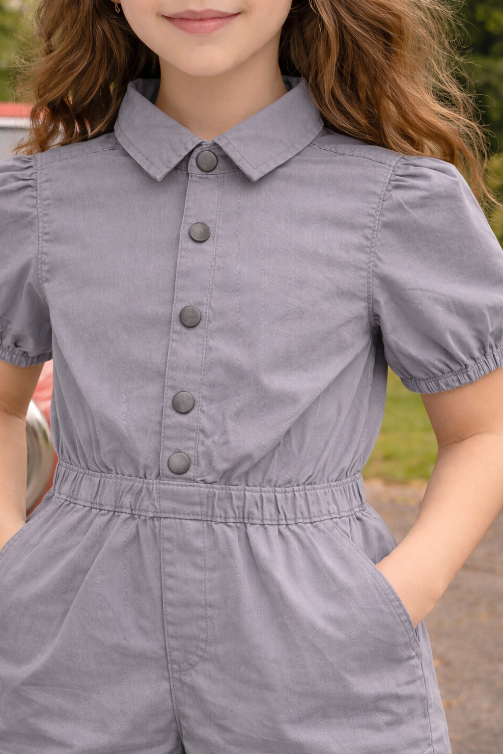 Girls Solid Grey Cotton Playsuit with Puff Sleeves & Button Front Design